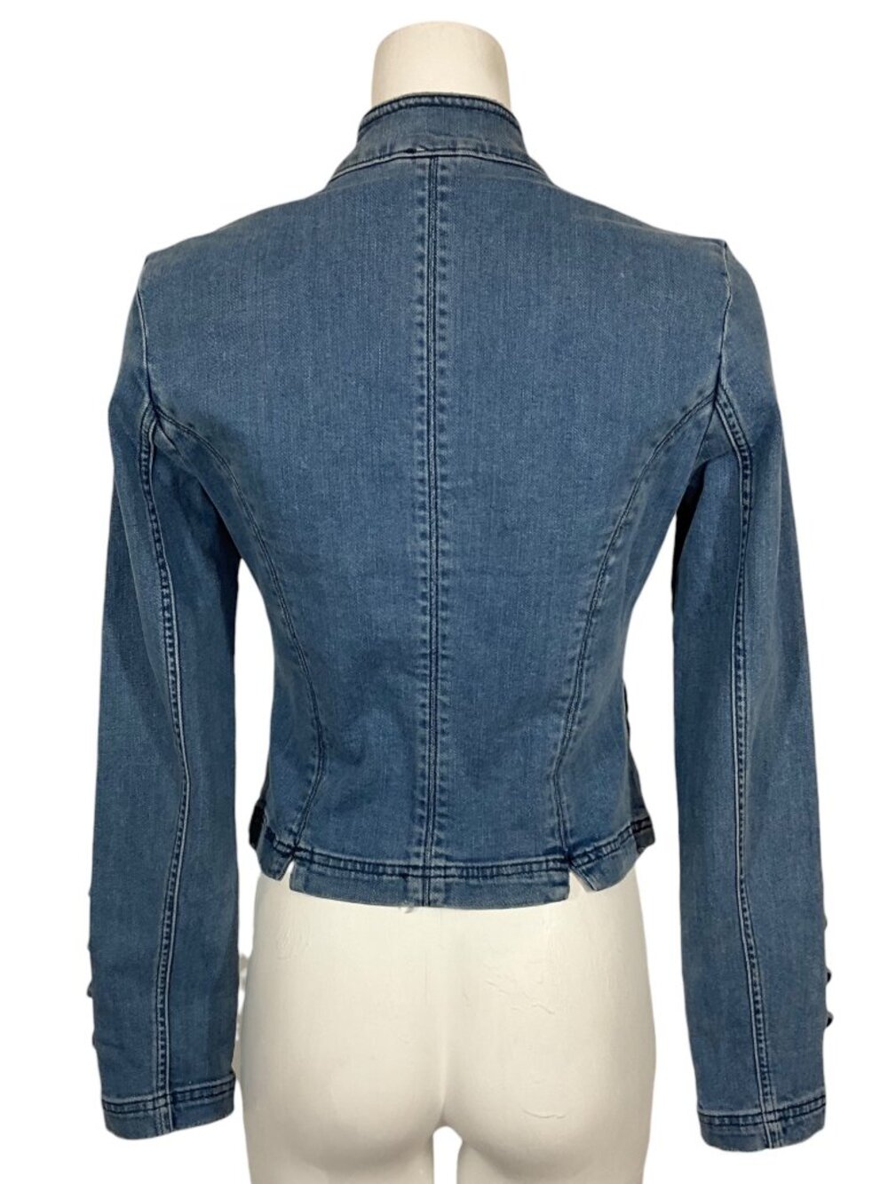 Free People Fitted Military Denim Jacket S Blue Cropped - Picture 8 of 16